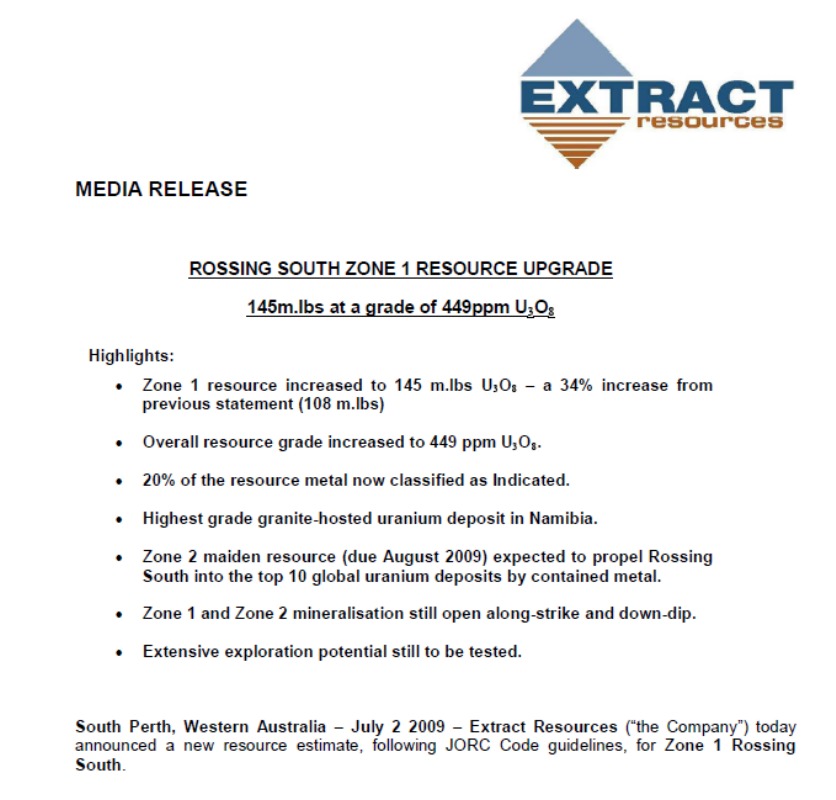 EXTRACT RESOURCES LTD Uran Namibia 247440